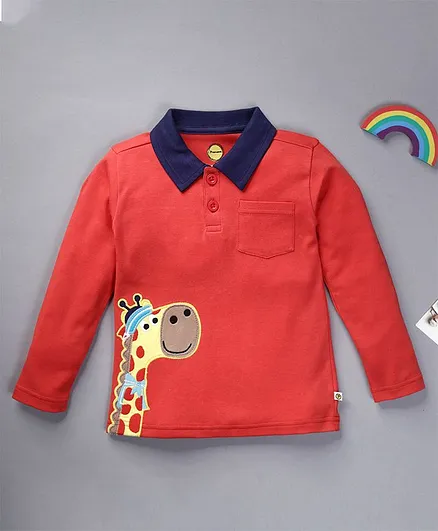 Pranava Full Sleeves Organic Cotton Giraffe Patch Detailing Tee - Red