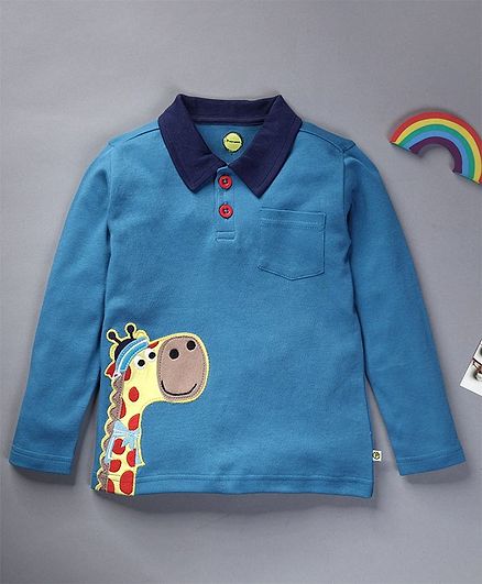 Pranava Full Sleeves Organic Cotton Giraffe Patch Detailing Tee - Blue