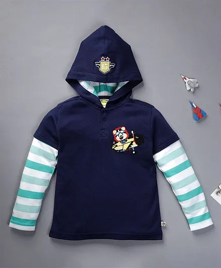 Pranava Doctor Full Sleeves Striped Detailing Hooded Organic Cotton Tee - Navy Blue