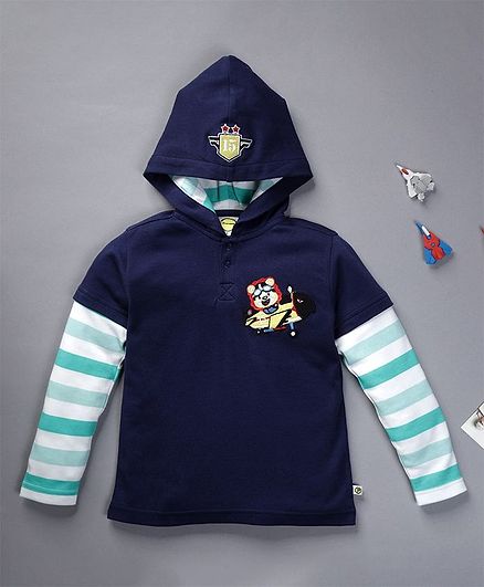 Pranava Doctor Full Sleeves Striped Detailing Hooded Organic Cotton Tee - Navy Blue