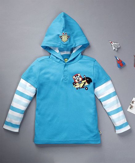 Pranava Doctor Full Sleeves Striped Detailing Hooded Organic Cotton Tee - Light Blue