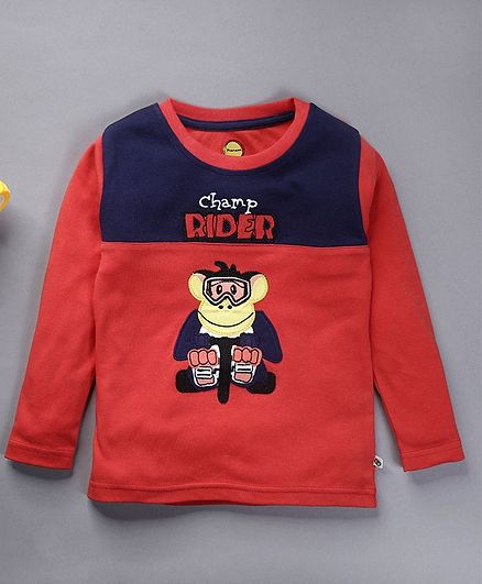 Pranava Organic Cotton Full Sleeves Monkey Rider Patch Detailing Tee - Red