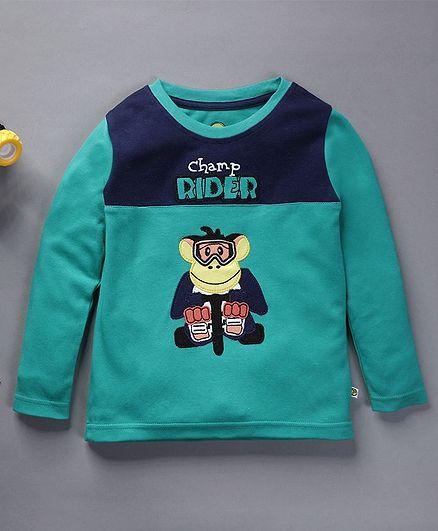 Pranava Organic Cotton Full Sleeves Monkey Rider Patch Detailing Tee - Green