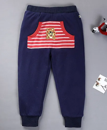 Pranava Organic Cotton Striped Tiger Design Front Pocketed Joggers - Dark Blue