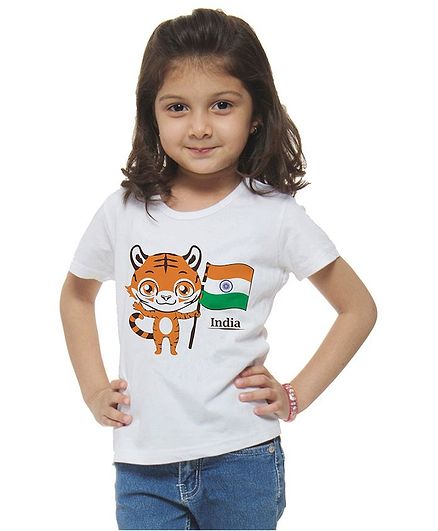 M'andy Half Sleeves Tiger With Flag Print T-Shirt - White
