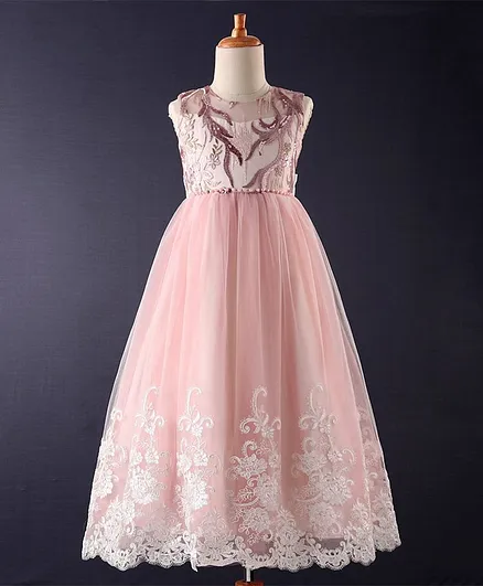 Mark & Mia Sleeveless Party Gown with Pearl & Lace Embroidery - Pink