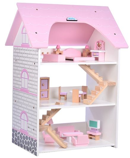 Wufiy Wooden Modern Three Storey Doll House Set - Light Pink