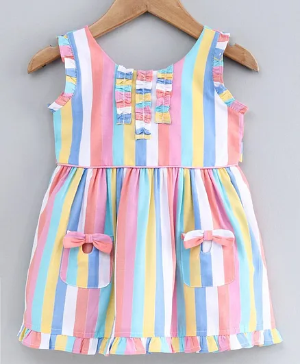 Babyoye Sleeveless Striped Cotton Frock With Bloomer - Pink