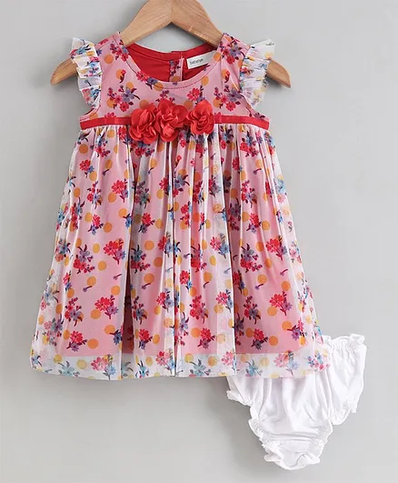 Babyoye Flutter Sleeves Frock with Bloomer Floral Print - Red White