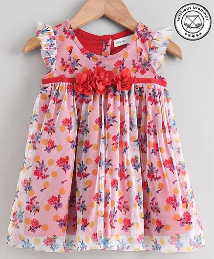 Babyoye Flutter Sleeves Frock Floral Print - Red White