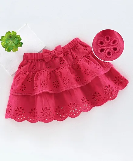 Babyoye Knee Length Layered Skirt Schiffli Floral Embroidery - Dark Pink