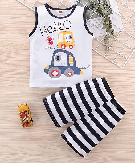 Kookie Kids Sleeveless Tee & Stripe Shorts Car Print - White
