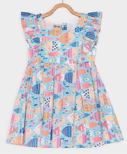 Rianna Cap Sleeves Abstract Fish Print Dress - Blue