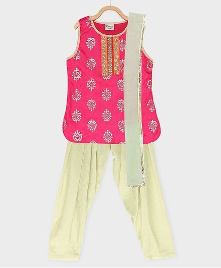 Rianna Sleeveless Motif Print Kurti With Salwar & Dupatta - Pink