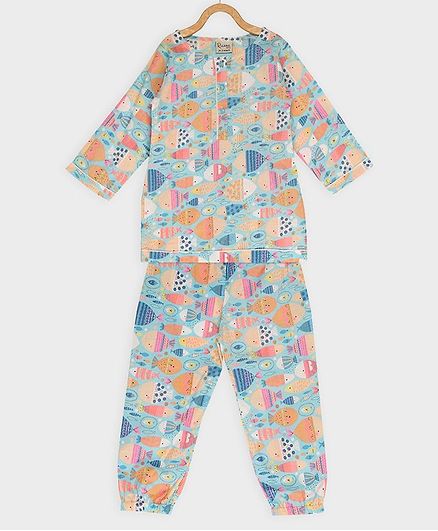 Rianna Fish Print Full Sleeves Night Suit - Blue