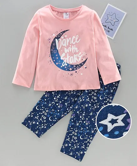 Smarty Full Sleeves Night Suit Moon Print - Peach Blue