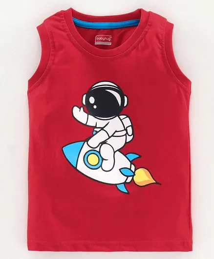 Babyhug Sleeveless Biowashed Tee Astronaut Print - Red