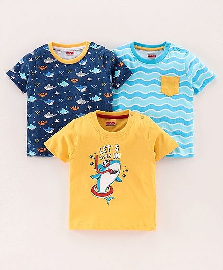 Babyhug Half Sleeves Printed Biowashed Tee Pack of 3 - Yellow Blue