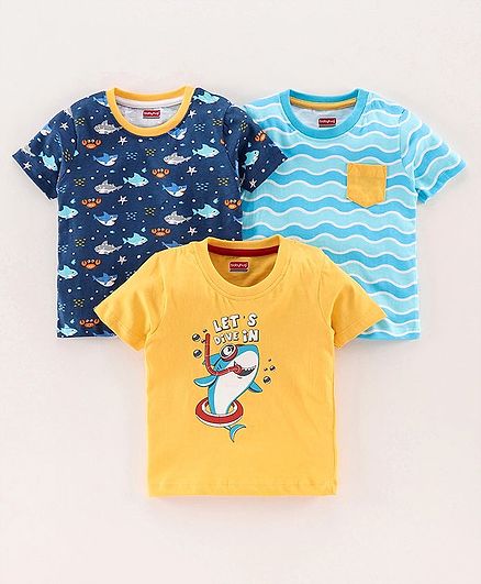 Babyhug Half Sleeves Printed Biowashed Tee Pack of 3 - Yellow Blue