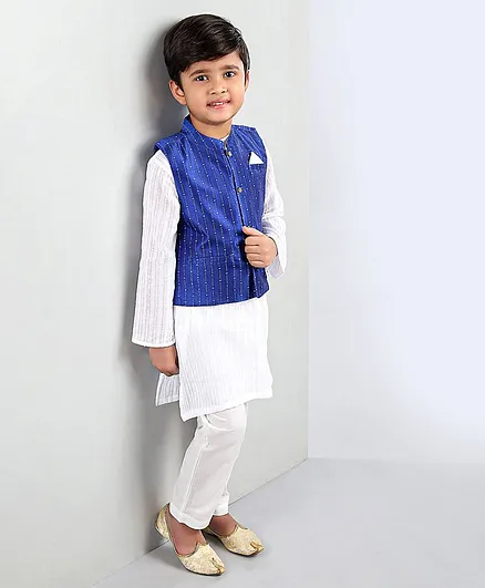 Babyhug Full Sleeve Kurta Payjama Set with Waistcoat - Blue White