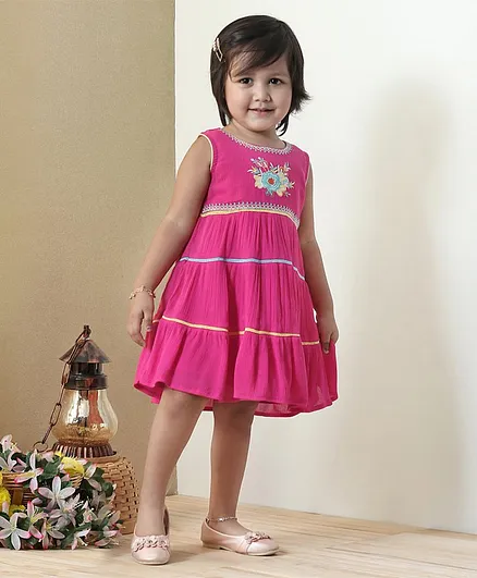 Babyhug Sleeveless Ethnic Dress Floral Embroidery - Pink