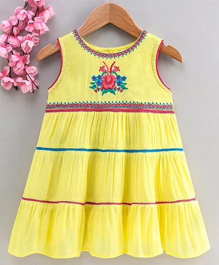 Babyhug Sleeveless Dress Floral Embroidery - Yellow
