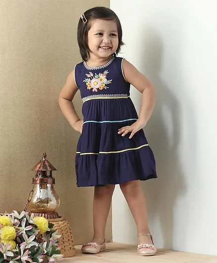 Babyhug Sleeveless Ethnic Dress Floral Embroidery - Dark Blue