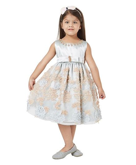 Tic Tac Toe Sleeveless Flower Embellished Beaded Party Dress. - Light Blue