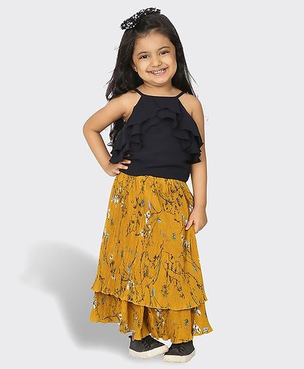 Tic Tac Toe Sleeveless Ruffled Top With Printed Skirt Set - Blue & Mustard