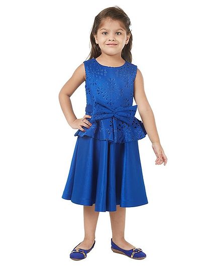 Tic Tac Toe Sleeveless Solid Color Cutwork Party Dress - Blue