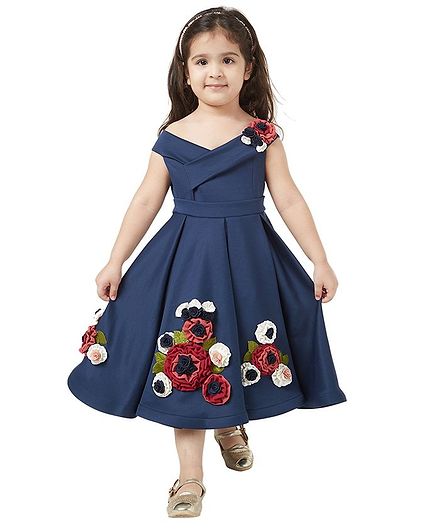 Tic Tac Toe Sleeveless Flower Embellished Party Dress - Dark Blue