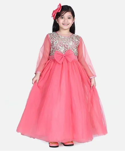 Whitehenz Clothing Full Sleeves Bow Detailing Gown - Pink