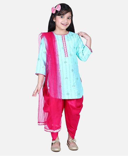 Whitehenz Clothing Full Sleeves Sequin Embellished Kurta With Dhoti Pants & Dupatta - Blue & Pink