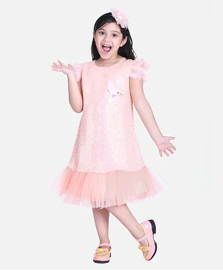 Whitehenz Clothing Short Sleeves Sequin Embellished Bird Patch Detailing Dress - Peach