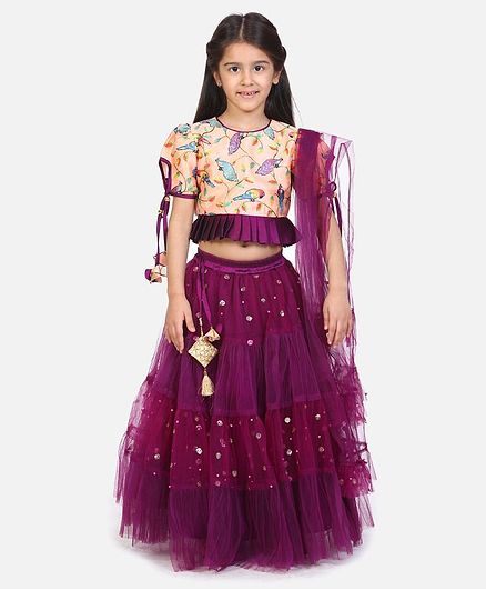 Whitehenz Clothing Half Sleeves Bird Printed Choli With Lehenga & Dupatta - Peach & Violet