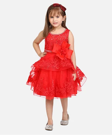 Whitehenz Clothing Sleeveless Pearl Flower Embroidery Detailing Flared Dress - Red