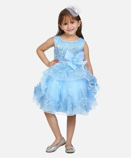 Whitehenz Clothing Sleeveless Pearl Flower Embroidery Detailing Flared Dress - Light Blue