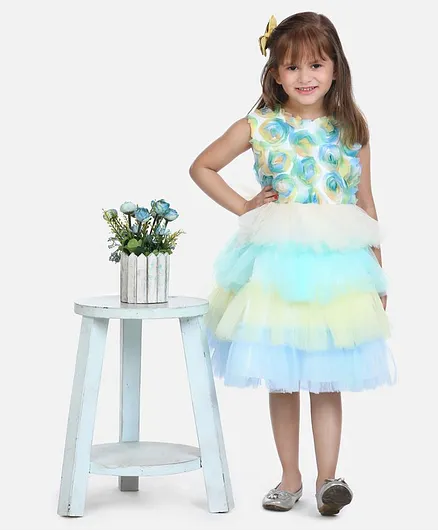 Whitehenz Clothing Sleeveless Rosette Layered Dress - Green & Blue