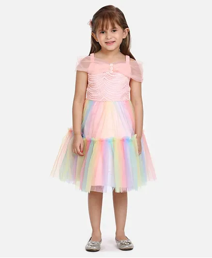 Whitehenz Clothing Half Sleeves Rainbow Color Detailing Dress - Peach