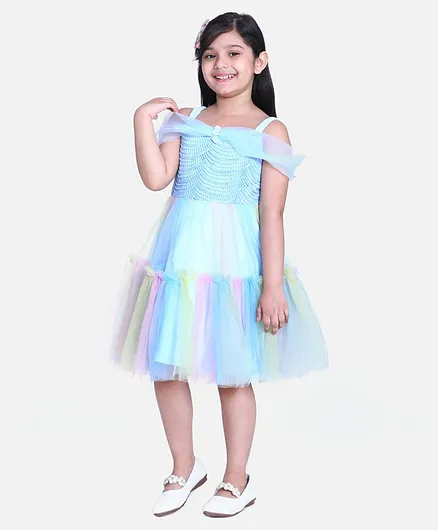 Whitehenz Clothing Half Sleeves Rainbow Color Detailing Dress - Light Blue