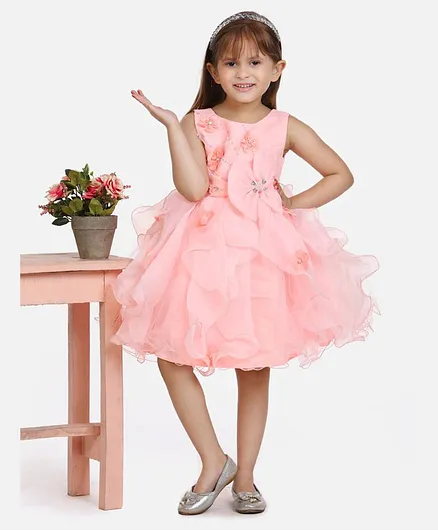 Whitehenz Clothing Sleeveless Flower Applique Bow Dress - Peach
