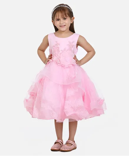 Whitehenz Clothing Flower Design Embellished Sleeveless & Feather Print Flare Dress - Pink