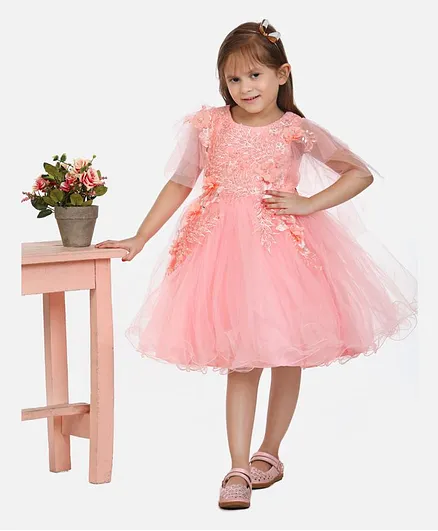 Whitehenz Clothing Three Fourth Sleeves Beaded Leaves Design Party Dress - Peach
