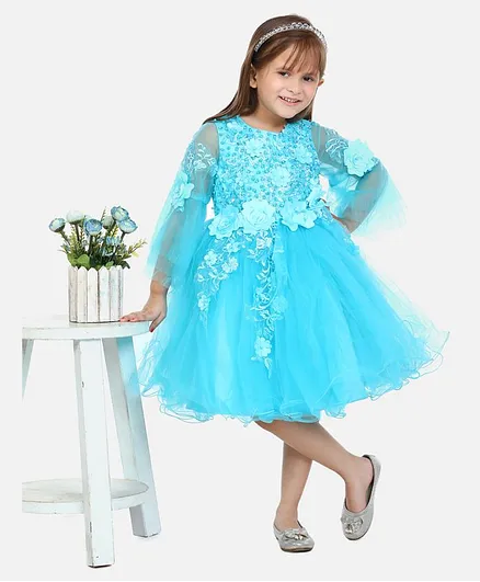 Whitehenz Clothing Full Sleeves Flower Embroidery Full Sleeves Tulle Flare Dress - Sky Blue