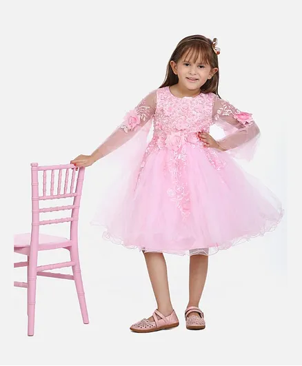 Whitehenz Clothing Full Sleeves Flower Embroidery Full Sleeves Tulle Flare Dress - Pink