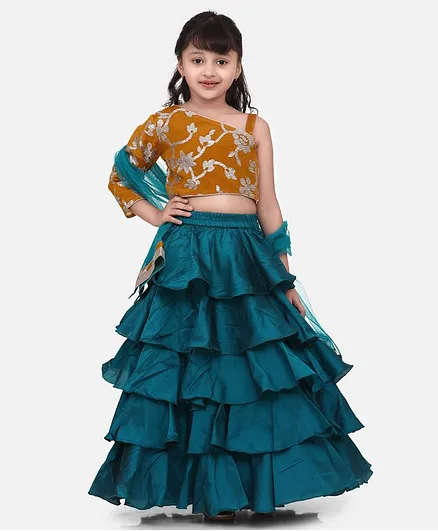 Whitehenz Clothing Full Sleeves Brocade Flower Choli With Flare Lehnga With Dupatta - Mustard And Teal Green