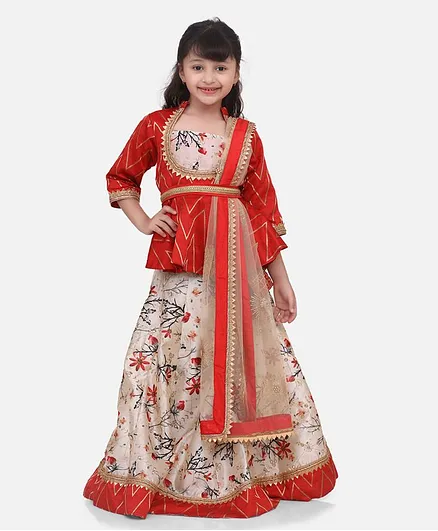 Whitehenz Clothing Three Fourth Sleeves Choli With Flared Flower Print Lehenga & Dupatta Set - Red