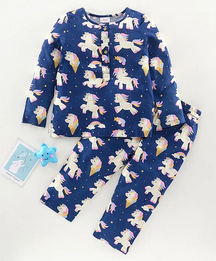 Pspeaches Unicorn Print Full Sleeves Night Suit - Navy Blue