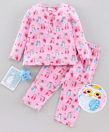 Pspeaches Owl Print Full Sleeves Night Suit - Pink