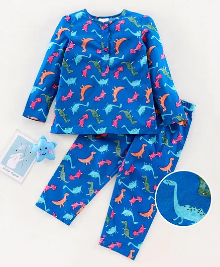Pspeaches Full Sleeves All Over Dinosaur Printed Night Suit - Blue